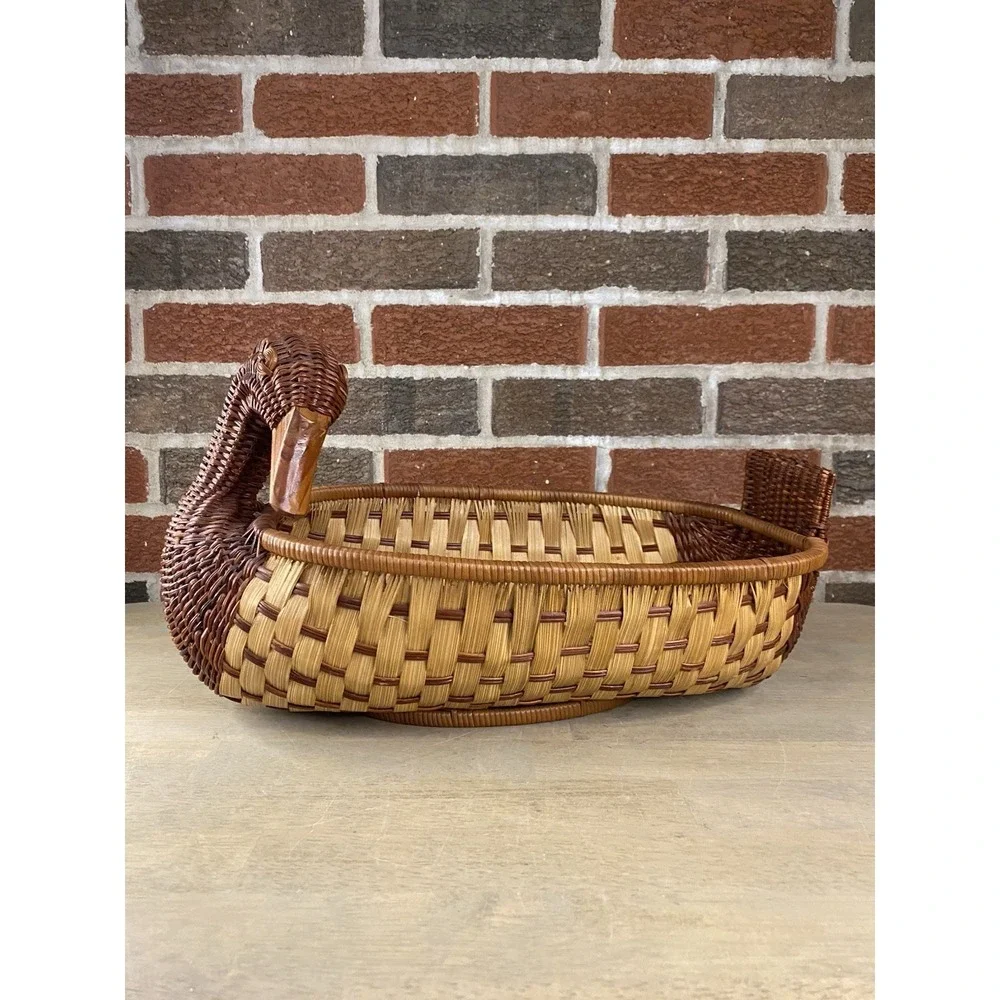Vintage Duck Goose Basket with Wooden Beak Wicker Rattan Basket Boho